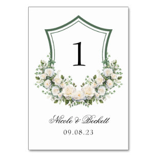 White Flowers Crest Wedding Table Number
