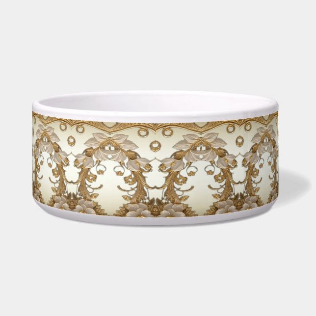 White Flowers Decorative Gold Ceramic Pet Bowl (Front)