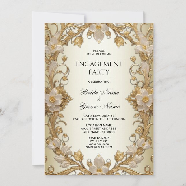 White Flowers Decorative Gold Engagement Invitation (Front)