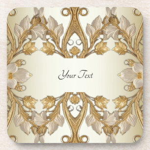 White Flowers Decorative Gold Hard Plastic Coaster