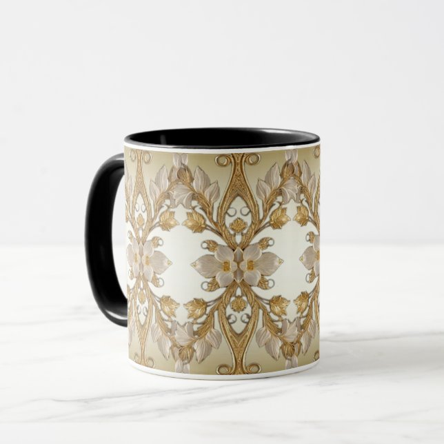 White Flowers Decorative Gold Mug (Front Left)