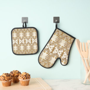 White Flowers Decorative Gold Oven Mitt & Pot Holder Set