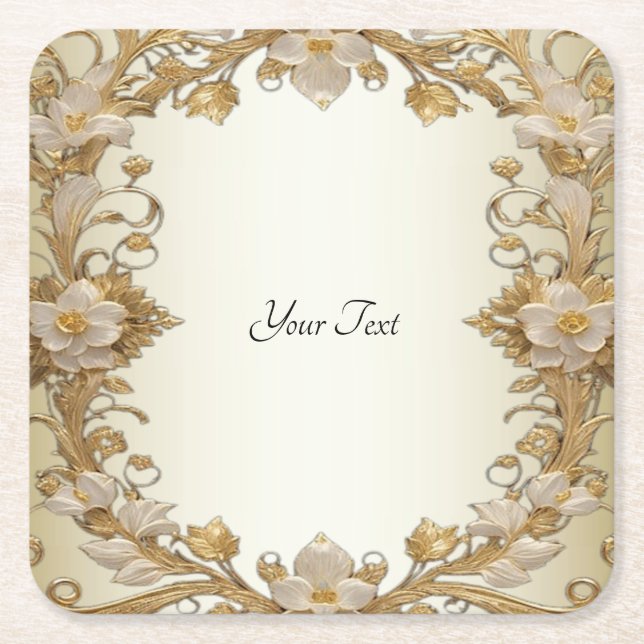 White Flowers Decorative Gold Paper Coaster (Front)