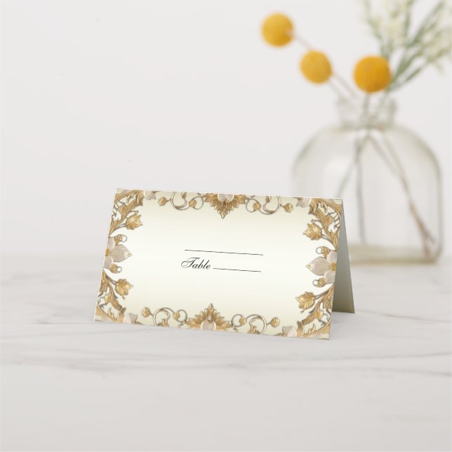 White Flowers Decorative Gold Place Card (Front)