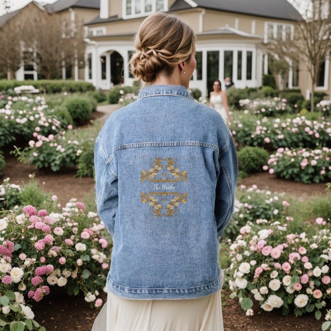 White Flowers Decorative Gold The Bride Denim Jacket (Wedding Back)