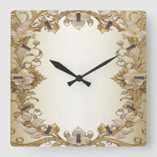 White Flowers Decorative Gold Wall Clock (Front)