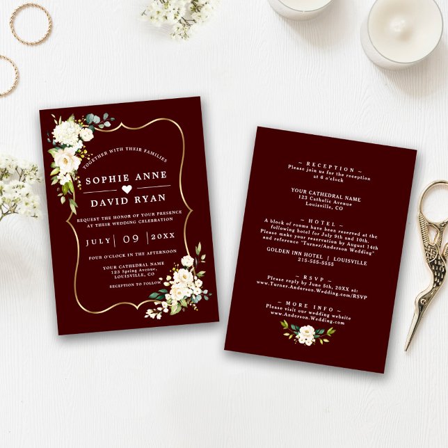 White Flowers Deep Burgundy All In One Wedding   Invitation (Creator Uploaded)