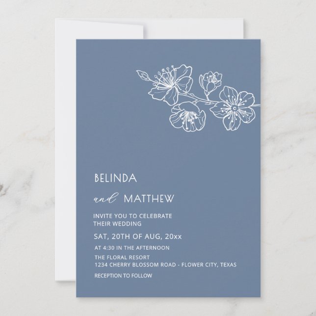  White Flowers Dusty Blue Casual Wedding Invitation (Front)