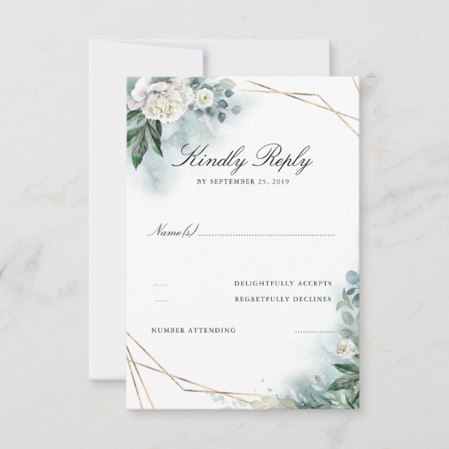 White Flowers Elegant Gold Frame Wedding RSVP (Front)