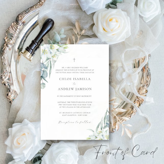 White Flowers & Elegant Greenery Catholic Wedding Invitation (The elegant Chloe Catholic wedding invitation suite has a clean, minimalist aesthetic)