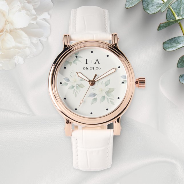 White Flowers Elegant Personalized Couple Names Watch (An elegant watch to personalize with the couple's initials and wedding date)