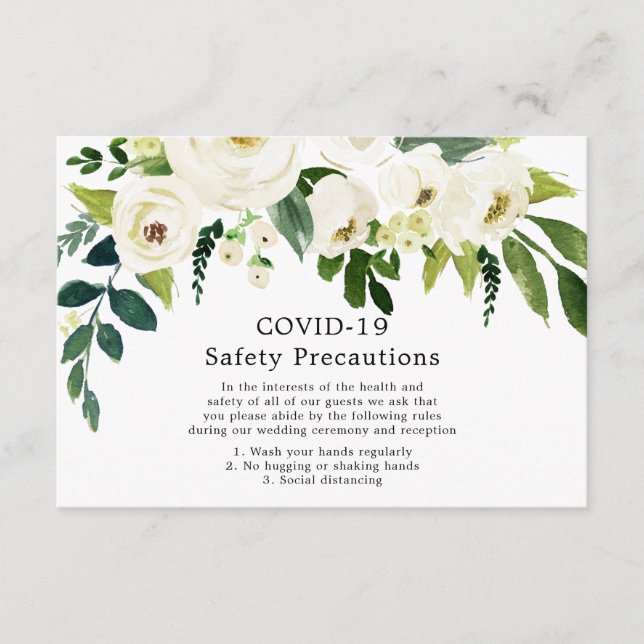 White Flowers Elegant Wedding COVID-19 Safety Enclosure Card (Front)