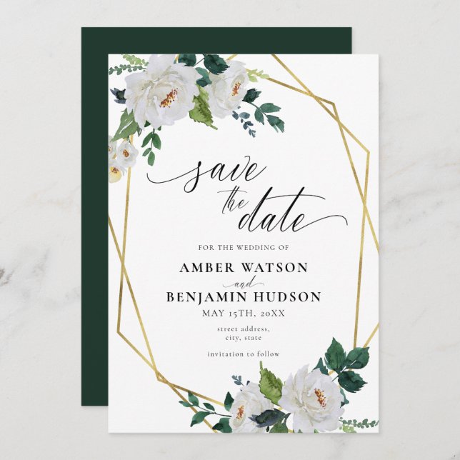 White Flowers Emerald Gold Floral Save The Date Invitation (Front/Back)