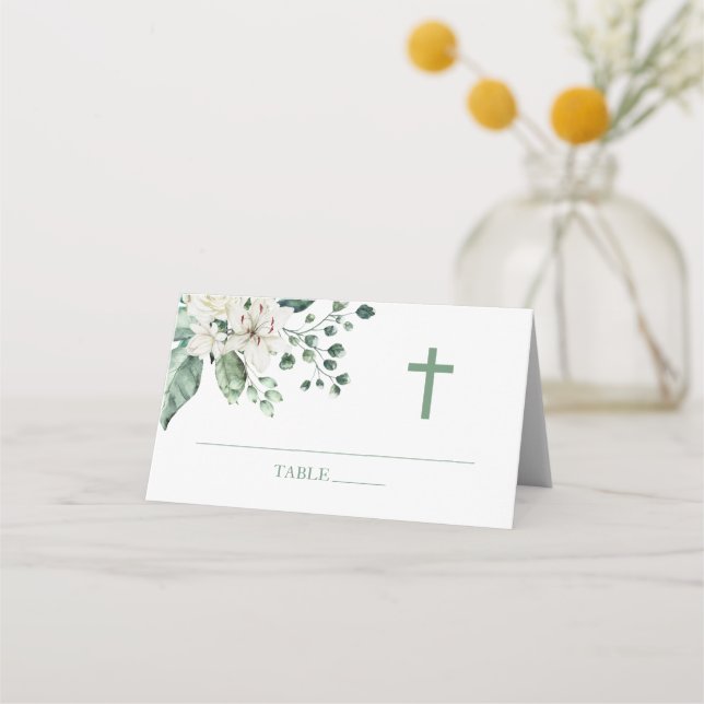 White Flowers Eucalyptus Baptism Place Card (Front)