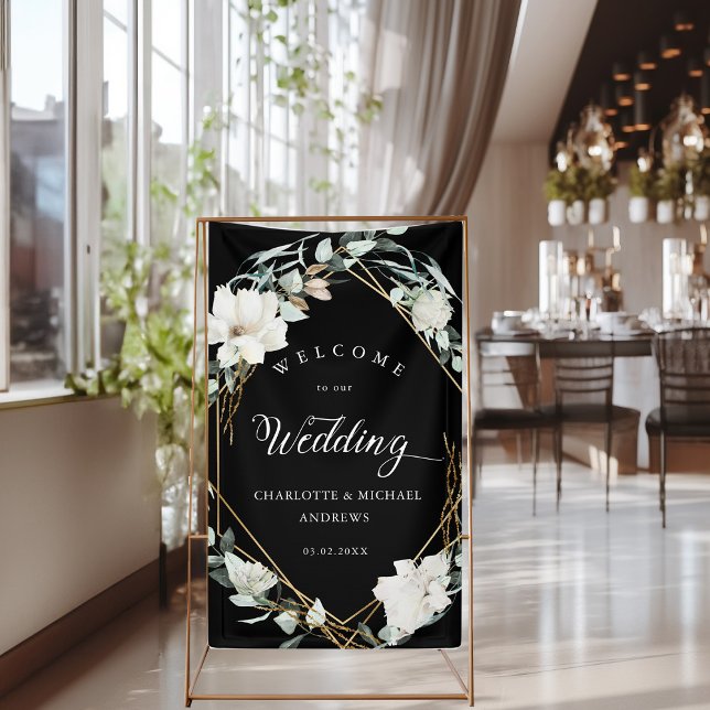 White Flowers Eucalyptus Gold Geometric Wedding  Banner (White Flowers Eucalyptus Gold Geometric Wedding Banner with your name & Date.)