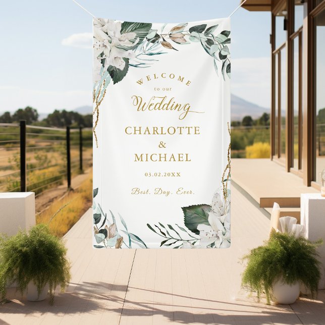 White Flowers Eucalyptus Gold Wedding Banner (Creator Uploaded)