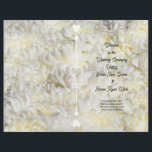 White Flowers Folded Wedding Program template<br><div class="desc">White wedding folded program with floral background.  Customise black text on front page and both inside pages and fold this program in half.  Hearts embellish a centre divider line and the back of the program will be blank.  Cream and white flower petals cover both sides.</div>
