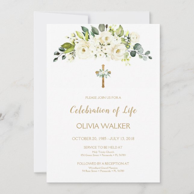 White flowers Funeral Celebrating the life Invit Invitation (Front)