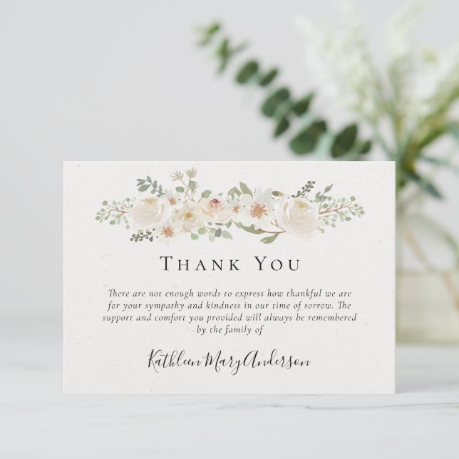 White Flowers Funeral Sympathy Floral Thank You Card (Standing Front)