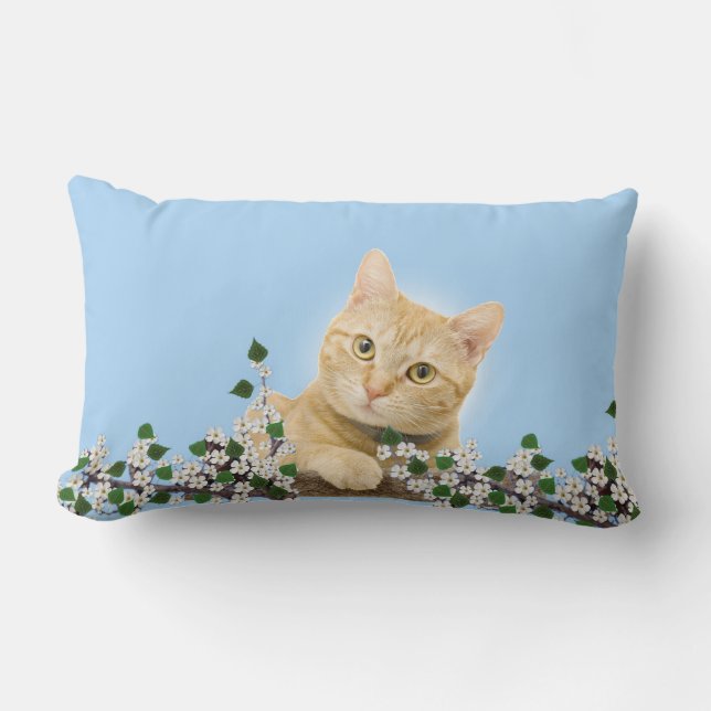 White Flowers & Ginger Tabby Cat on Light Blue Lumbar Cushion (Front)