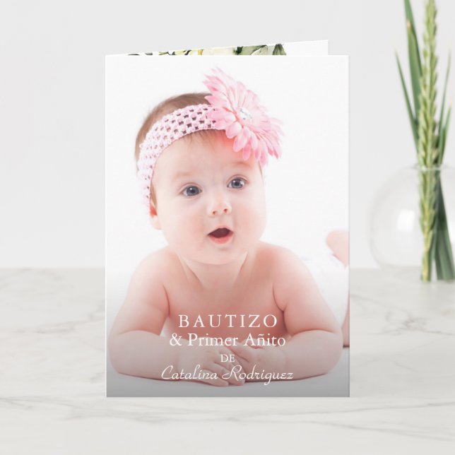 White Flowers Girl Photo 1st Birthday Baptism Invitation (Front)