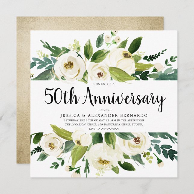 White Flowers Gold 50th Wedding Anniversary Invitation (Front/Back)