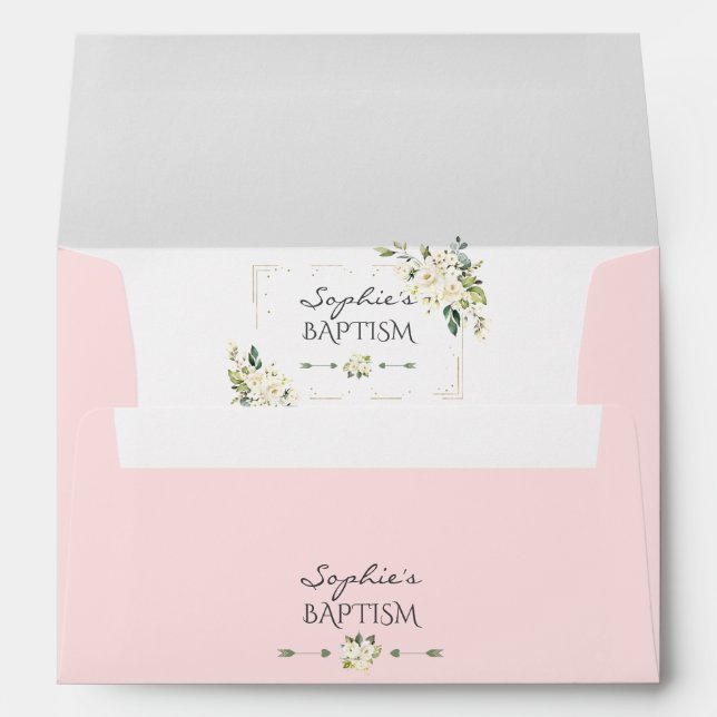 White Flowers Gold Baptism Return Address Envelope (Back (Bottom))