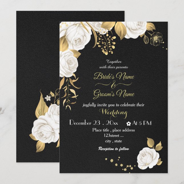 white flowers gold black wedding invitation (Front/Back)