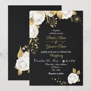 white flowers gold black wedding invitation