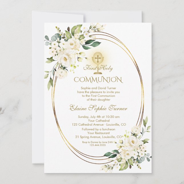 White Flowers Gold Chalice First Holy Communion Invitation (Front)