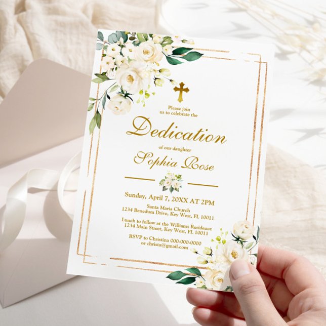 White Flowers & Gold Frame Girl Dedication Invitation (Creator Uploaded)