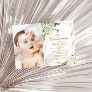 White Flowers & Gold Frame Photo Girl Christening Invitation