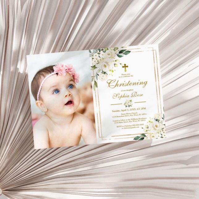 White Flowers & Gold Frame Photo Girl Christening Invitation (Creator Uploaded)