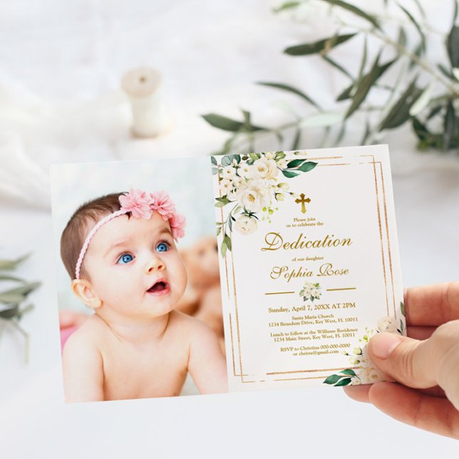White Flowers & Gold Frame Photo Girl Dedication Invitation (Creator Uploaded)