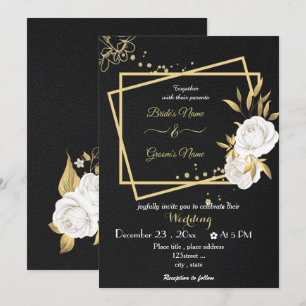 white flowers gold geometric black wedding invitation