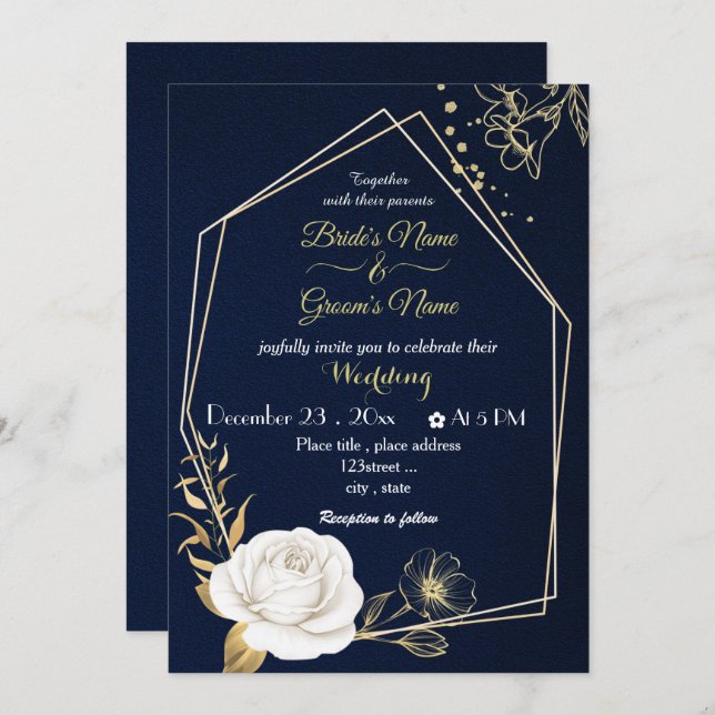 white flowers gold geometric navy wedding   invitation (Front/Back)