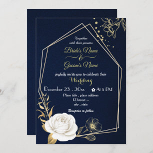 white flowers gold geometric navy wedding invitation