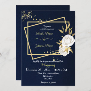 white flowers gold geometric navy wedding  invitation