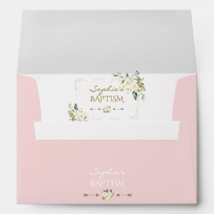 White Flowers Gold Glitter Frame Pink Baptism Envelope