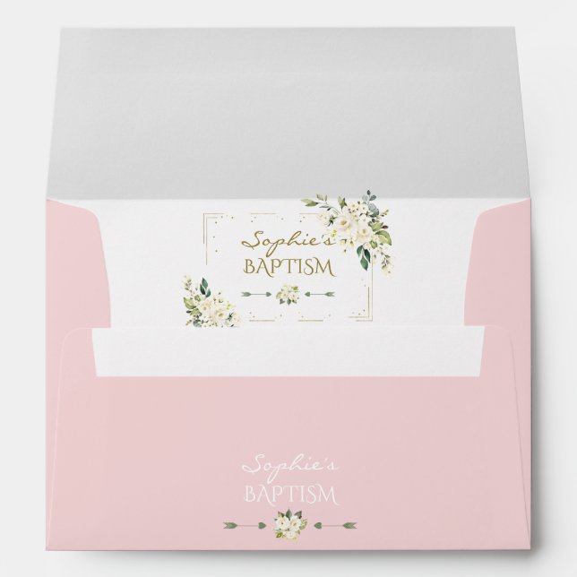 White Flowers Gold Glitter Frame Pink Baptism Envelope (Back (Bottom))