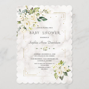 White Flowers Gold Glitter Marble Baby Shower Invitation