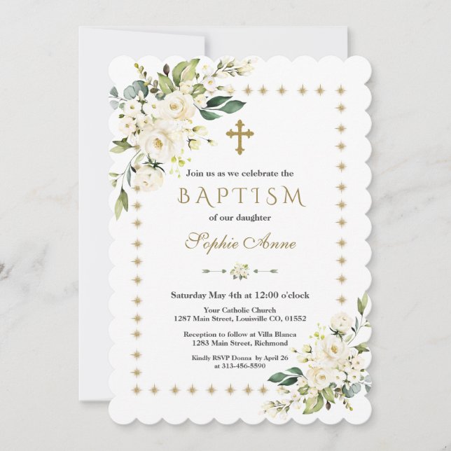 White Flowers Gold Glitter Sparkles Frame Baptism Invitation (Front)