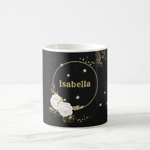 white flowers gold leaves black coffee mug