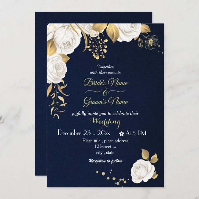 white flowers gold navy wedding  invitation (Front/Back)