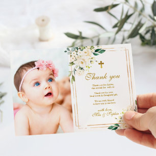 White Flowers & Gold Photo Baptism Thank You Card