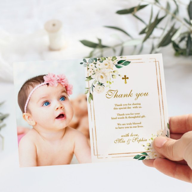 White Flowers & Gold Photo Baptism Thank You Card (Creator Uploaded)