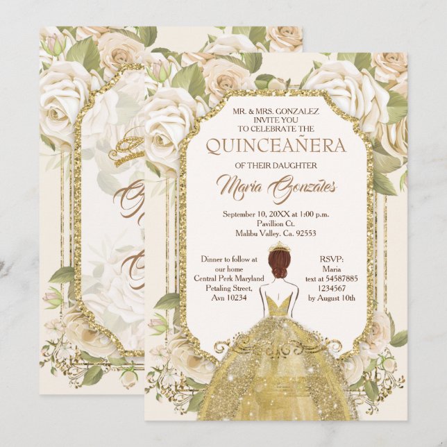 White Flowers Gold Quinceanera Mexican Birthday Invitation (Front/Back)