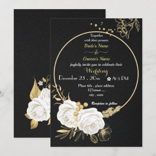white flowers gold wreath black wedding invitation