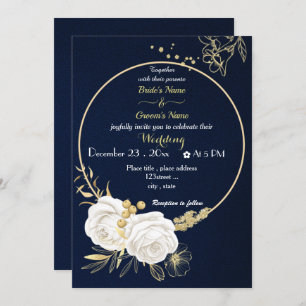 white flowers gold wreath navy wedding invitation
