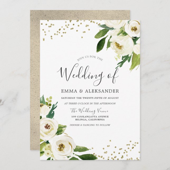 White Flowers Golden Modern Wedding Invitation (Front/Back)